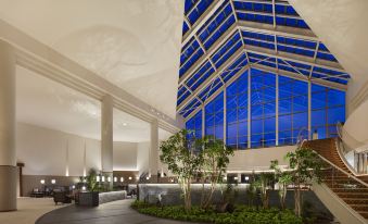 a modern hotel lobby with a large glass ceiling and a potted plant in the corner at The Westin Rusutsu Resort