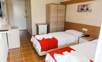 a hotel room with two beds , each made up with white sheets and red blankets , along with wooden furniture at Altinersan Hotel