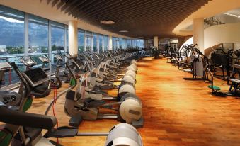 a large , well - equipped gym with numerous exercise bikes lined up against the walls , creating a spacious and efficient environment for weight loss at Four Points by Sheraton Panoramahaus Dornbirn