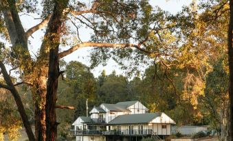 a large house with a white exterior is nestled in a wooded area near a large tree at Nannup Hideaway