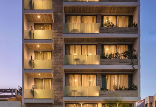 Newport House Playa -- rooftop pool surrounded by tropical plants and cabana loungers in Playa del Carmen