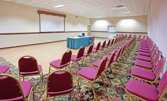 a large conference room with rows of red chairs and a projector screen at the front at Country Inn & Suites by Radisson, Sidney, NE