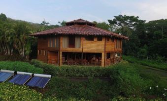 a large wooden house surrounded by trees and bushes , with a solar panel on the roof at Macaw Lodge