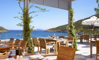 an outdoor dining area overlooking the ocean , with tables and chairs arranged for guests to enjoy a meal at Daios Cove