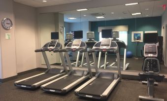a gym with treadmills and other exercise equipment , including tvs on the ceiling and large windows at Holiday Inn Cincinnati N - West Chester