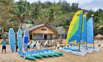a group of sailboats and windsurfing equipment on the sandy beach near a building , with palm trees in the background at Malolo Island Resort