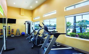 a well - equipped gym with various exercise equipment , including treadmills and weight machines , in a spacious room with large windows at La Quinta Inn & Suites by Wyndham Houston Channelview