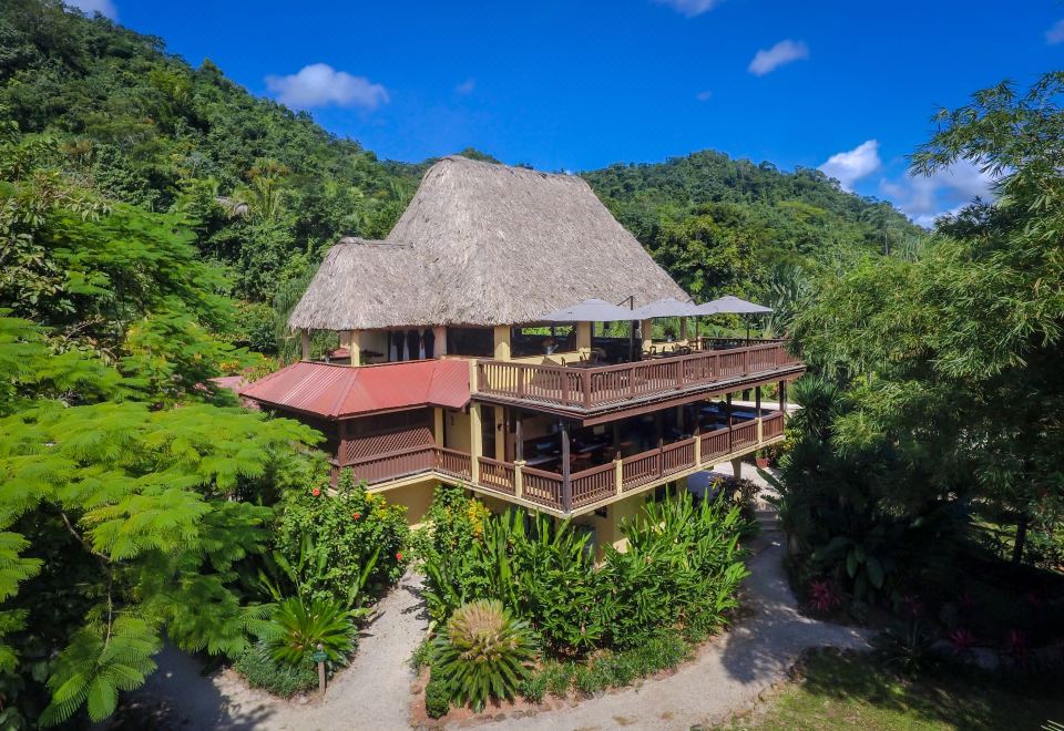 a large house with a thatched roof surrounded by lush green trees and mountains in the background at Sleeping Giant Rainforest Lodge