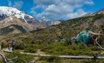 a campsite with multiple tents set up in a grassy field , surrounded by trees and mountains at Ecocamp Patagonia