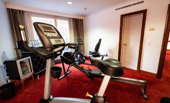 a gym room with various exercise equipment , including a treadmill , stationary bike , and rowing machine at The Ambassador