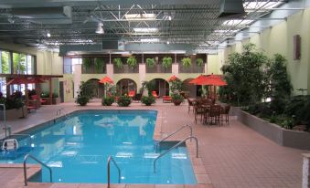 an indoor swimming pool with a lounge area , umbrellas , and potted plants , surrounded by red pillars and green plants at Holiday Inn Portsmouth Downtown