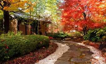 a stone path leads through a garden with trees in autumn colors and a building at Miyako