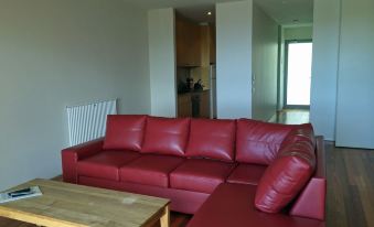 a large red leather couch is sitting in a living room next to a wooden coffee table at Phoenix Apartments