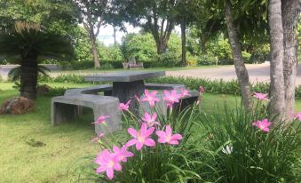 a beautiful garden with pink flowers , greenery , and a bench , under a clear blue sky at Baiboon Resort