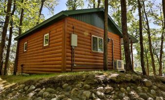 a wooden cabin is nestled in a forest with trees and rocks , under a clear blue sky at Kohl's Resort