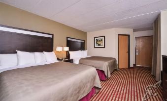 a hotel room with two beds , a tv , and a painting on the wall , all decorated in neutral colors at Americinn Lodge and Suites