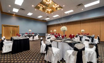 a banquet hall is set up with tables , chairs , and a centerpiece of red and white flowers at Hotel Ava Laredo