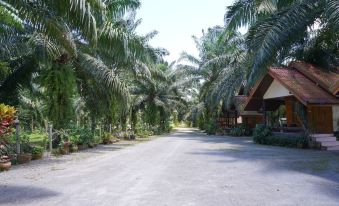 a tropical setting with palm trees lining the road , leading to several buildings and buildings at Nampueng Resort