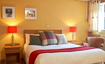 a well - decorated bedroom with a king - sized bed , multiple pillows , and a lamp on the nightstand at Seven Stars