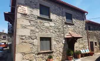 a stone building with a sign on the side , and several potted plants in front of it at Casa Rural la Plazuela de Mari