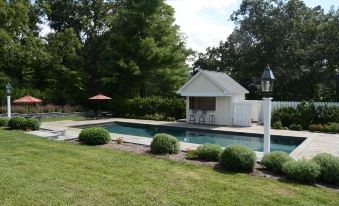 a backyard with a large pool surrounded by green grass , bushes , and trees , as well as a gazebo in the background at Woodville Bed and Breakfast