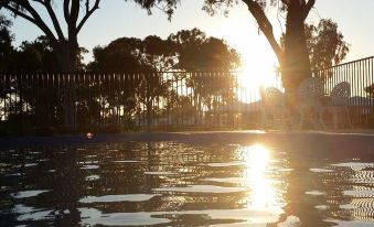 a pool with the sun setting in the background and trees reflected in the water at Casa Nostra Motel