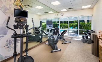 a well - equipped gym with various exercise equipment , including treadmills and weightlifting machines , along with a pool in the background at SpringHill Suites Vero Beach