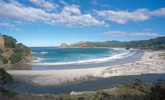 a beautiful beach scene with a large body of water and a sandy shoreline , surrounded by lush green vegetation at Earthsong Lodge