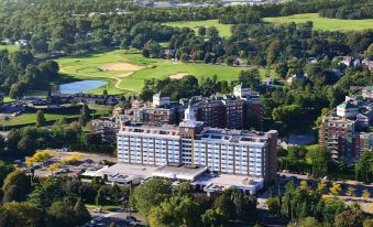 an aerial view of a large hotel surrounded by trees , golf courses , and a body of water at Garden City Hotel