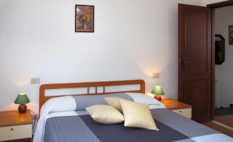 a cozy bedroom with a wooden bed , blue and white checkered comforter , and two pillows on the bed at Cristina