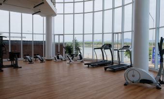 a large , well - equipped gym with a variety of exercise equipment , including treadmills , elliptical machines , and stationary bikes at Blu Hotel