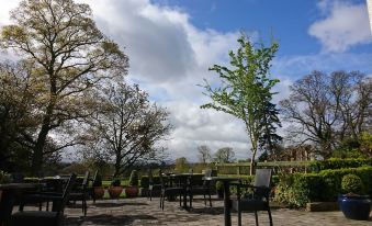 a wooden deck with several chairs and tables , surrounded by trees and overlooking a cloudy sky at Leixlip Manor Hotel