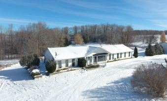 a snow - covered white building with a red roof , situated in a snowy field surrounded by trees at White House Farm