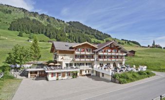 a large wooden building surrounded by green grass and trees , located in the middle of a mountainous area at Hotel Steinbock