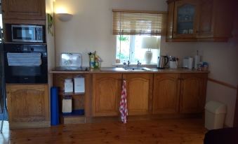 a kitchen with wooden cabinets , a microwave on the counter , and a red and white checkered towel hanging on the side at Brigadoon