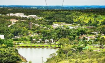 a scenic view of a forested area with a lake and a tower in the background at Rio Quente Resorts - Hotel Pousada
