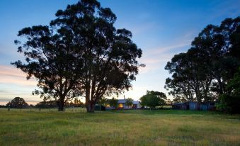 a large field with trees in the foreground and a house in the background at sunset at The Gums