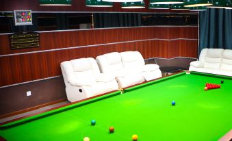 a billiards table in a room with white chairs and green lamps , creating an inviting atmosphere at Park Hotel