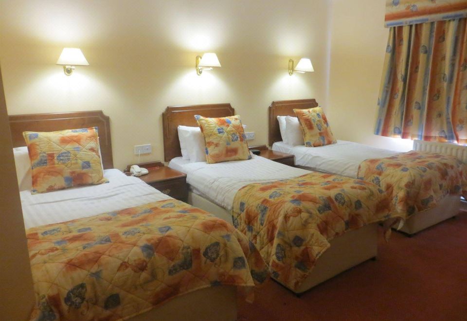 a hotel room with three beds , one on the left , one in the middle , and one on the right side of the room at Mulroy Woods Hotel