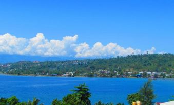 a serene view of a lake surrounded by mountains with blue skies and fluffy clouds at Valdos Hotel Manokwari