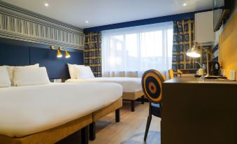 a modern hotel room with two beds , white bedding , and wooden flooring , along with a view of the city through large windows at Best Western Plus London Croydon Aparthotel