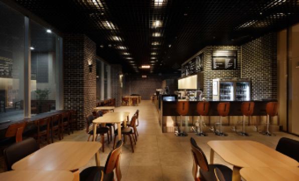 a modern restaurant with wooden tables and chairs , a brick wall , and a bar area at LOTTE CITY HOTEL ULSAN
