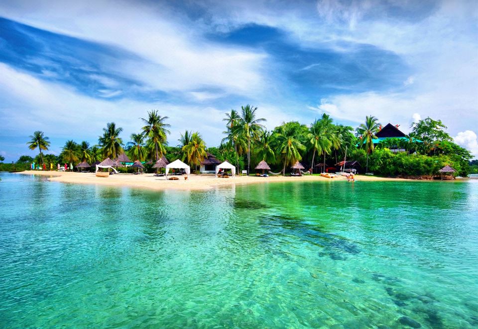 a tropical beach with clear blue water and white sand , surrounded by palm trees and thatched - roof huts at Badian Island Wellness Resort