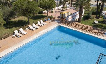 a large outdoor swimming pool surrounded by lounge chairs and palm trees , with the ocean visible in the background at Parador de Mojacar