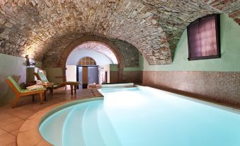 a luxurious indoor swimming pool with a stone ceiling , surrounded by wooden chairs and a couch at Palazzo Leopoldo Dimora Storica & Spa