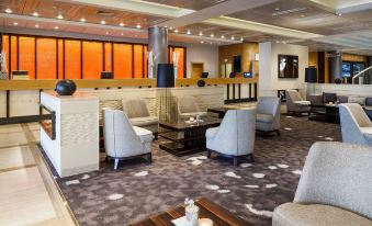 a modern lounge area with gray and white chairs , a coffee table , and large windows at Vienna Marriott Hotel