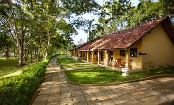 a row of houses with a thatched roof are lined up on a path surrounded by trees at Habarana Village by Cinnamon