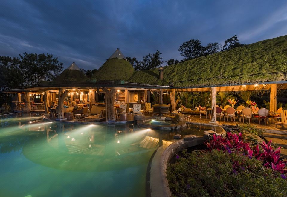 a large outdoor pool surrounded by lush greenery , with a dining area and bar nearby at Origins Lodge