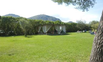 a large grassy field with a gazebo in the background , surrounded by trees and mountains at Club Mac Alcudia