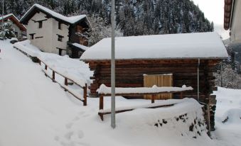 a wooden cabin is surrounded by snow , with a small building and other houses in the background at Melograno